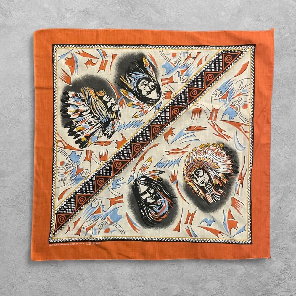 Vintage 70s Native American Two Chiefs Bandana Made USA Western Americana